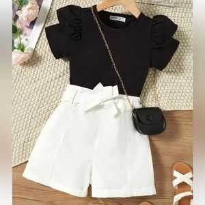 Girls ruffle trim tee and belted shorts set black and white 11/12